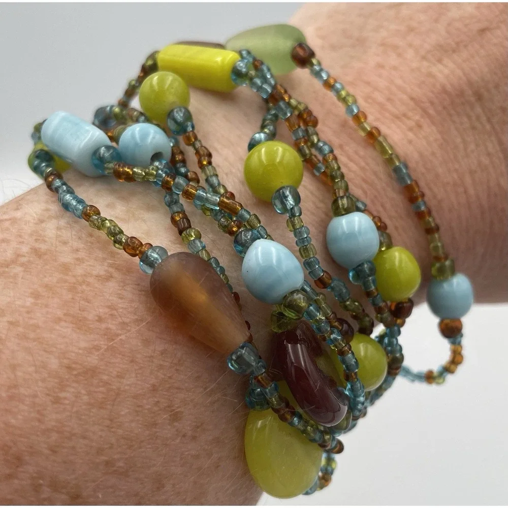 Artisan Beaded Bracelet Multi Strand Blue Green Brown 8